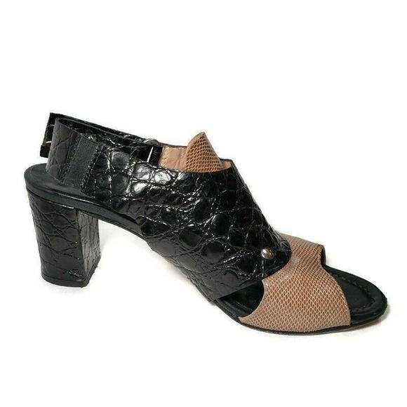 Anyi Lu‎ Sling Back Sandals 8 38 Womens Black Tan Leather Handmade Chunky Heel - Picture 4 of 11